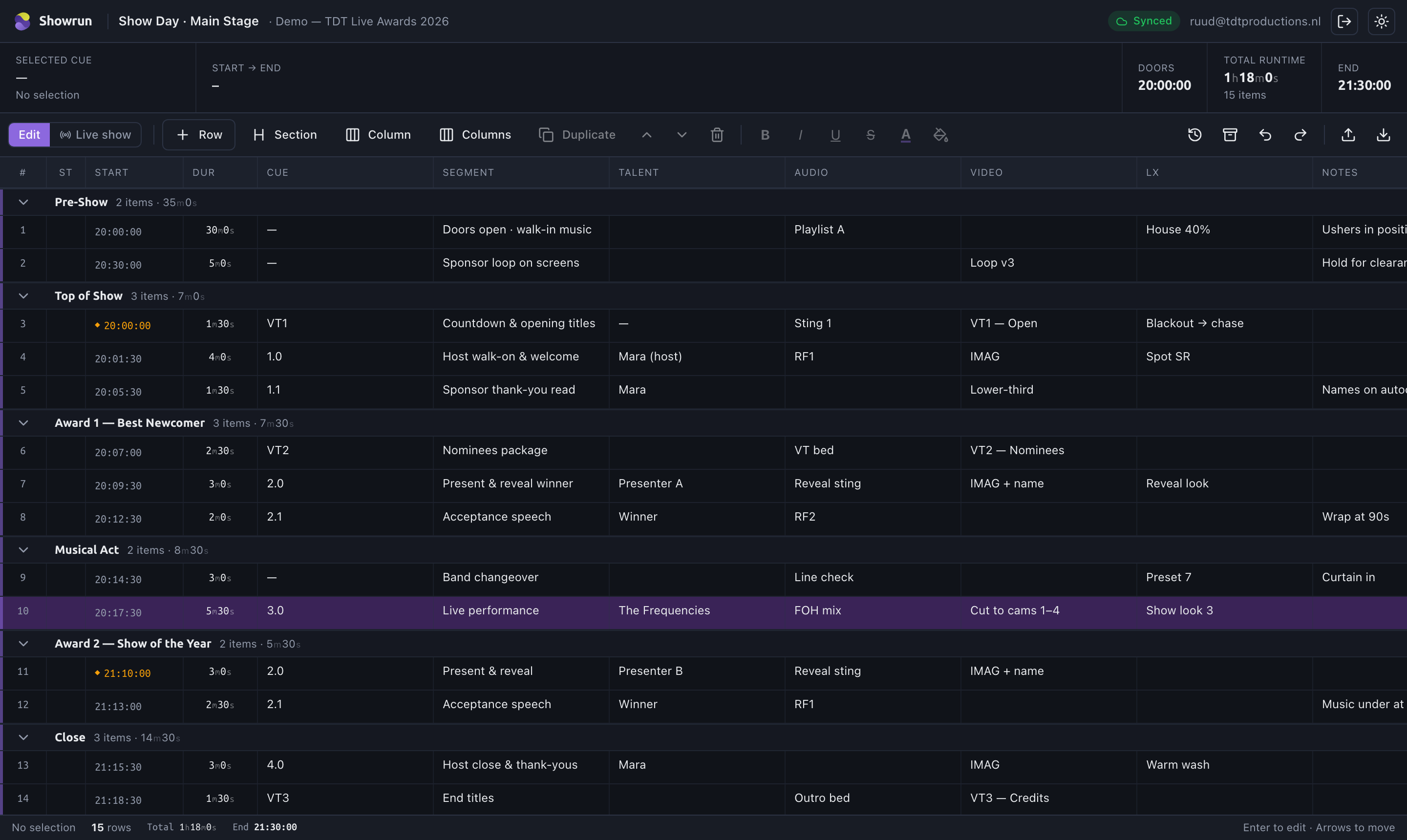 The showrun rundown grid: rows of cues with start times, durations, segments and crew columns, with running clocks calculated automatically.