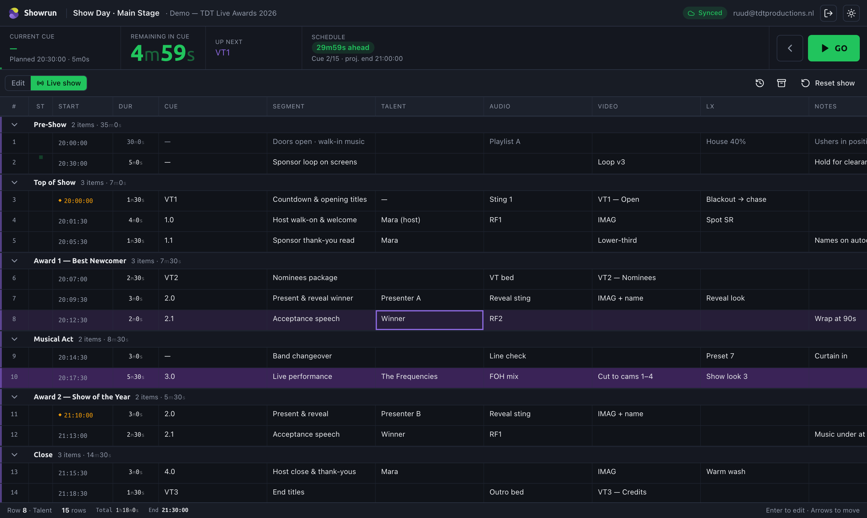showrun in live mode: a cue marked live with a green status dot, the next cue on standby, and a large countdown clock to the next hard time.